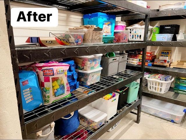 A picture of a shelving unit filled with lots of toys.