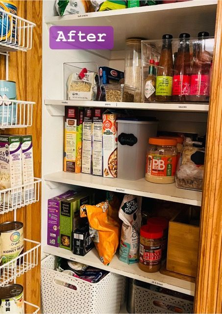 A pantry filled with lots of food and a sign that says `` after ''.