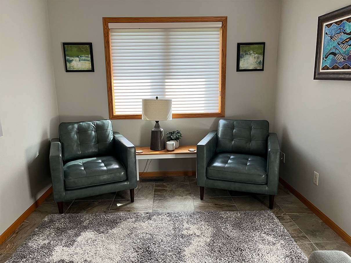 A living room with two chairs and a rug.