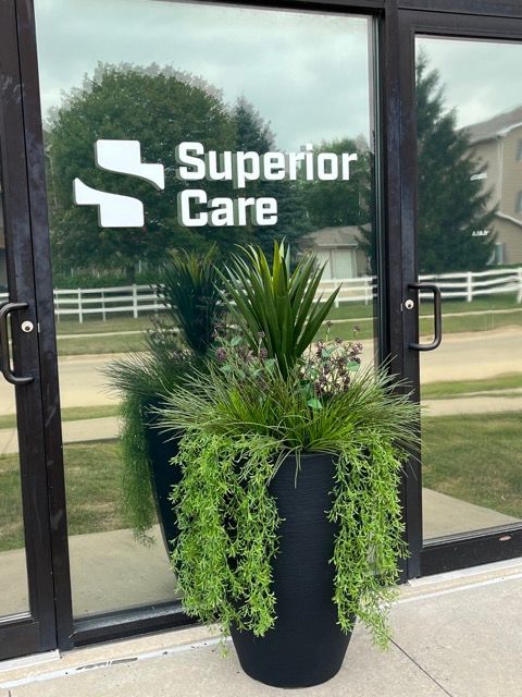 A potted plant in front of a superior care building