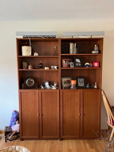 A living room with two wooden shelves filled with various items.