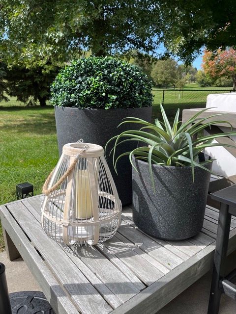 A wooden table with a lantern and potted plants on it.