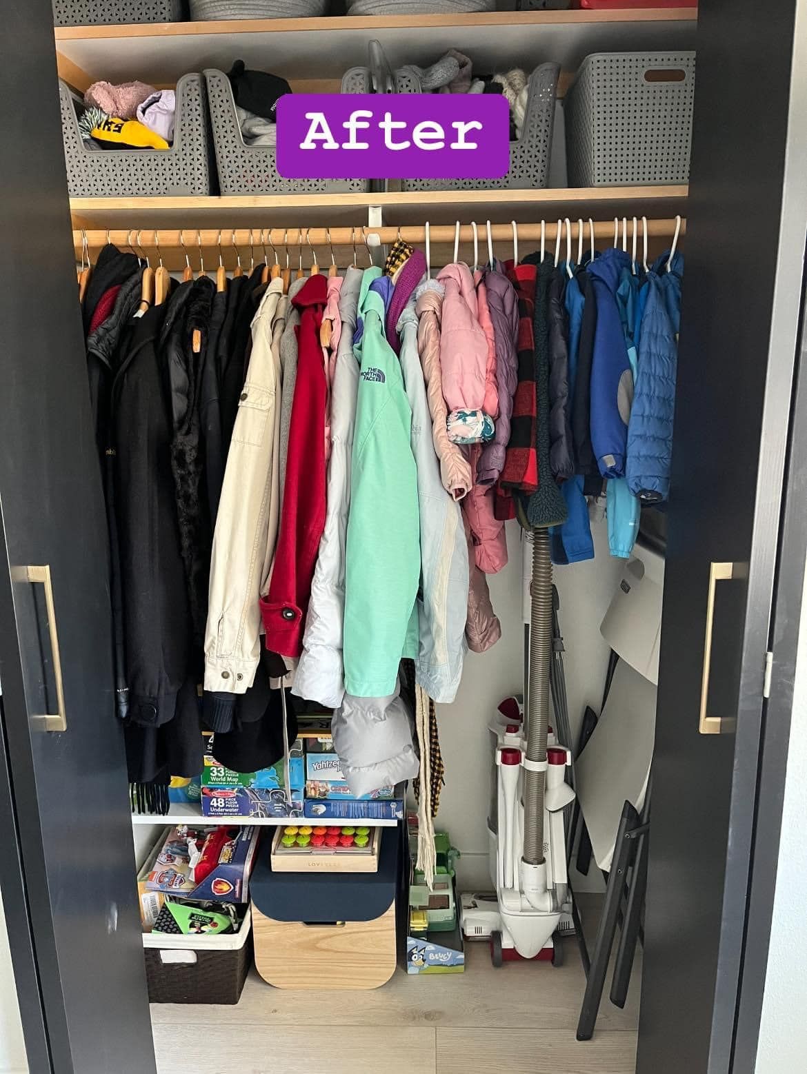 A closet filled with clothes and a sign that says `` after ''.