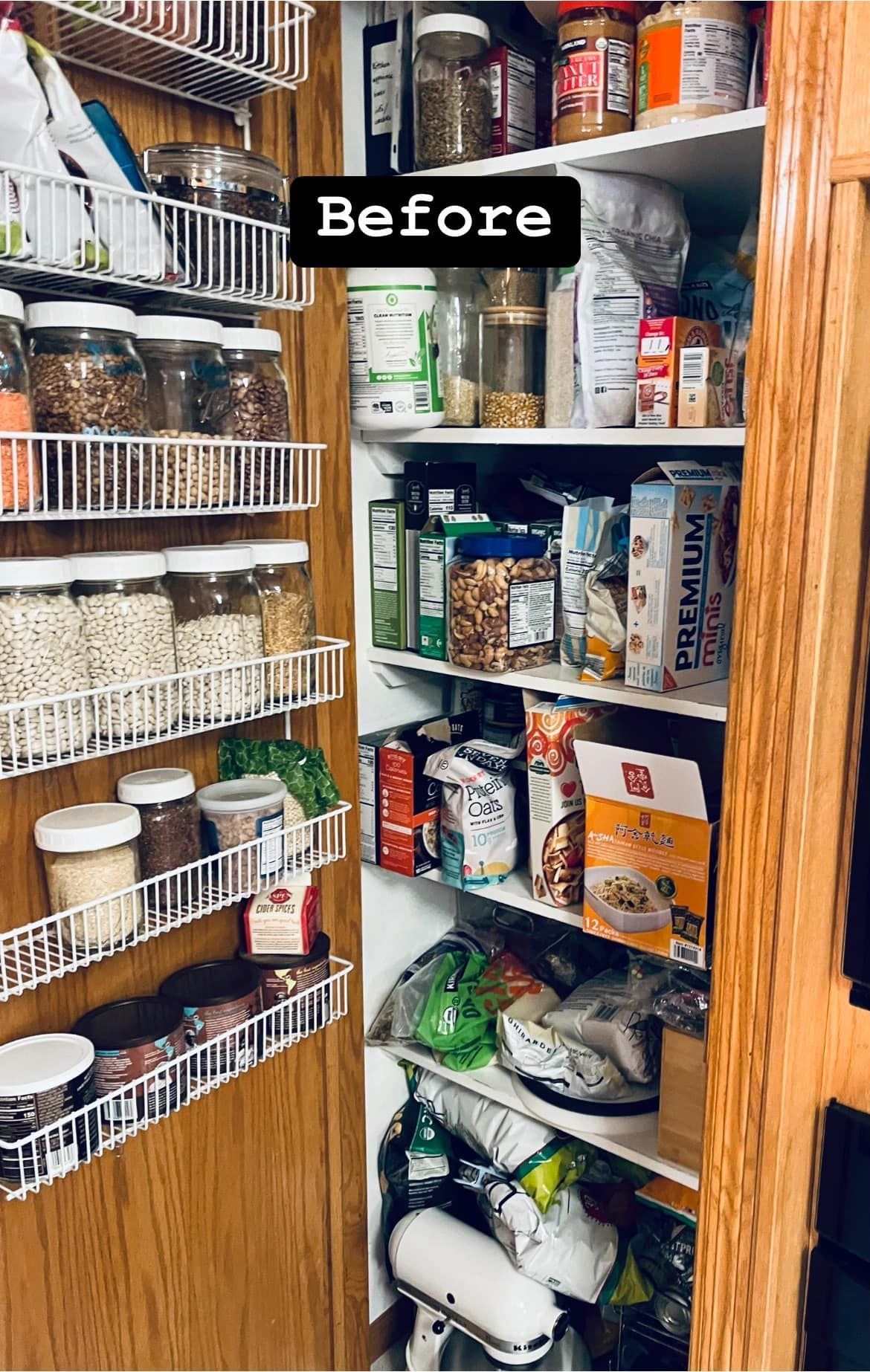 A before picture of a pantry filled with lots of food.