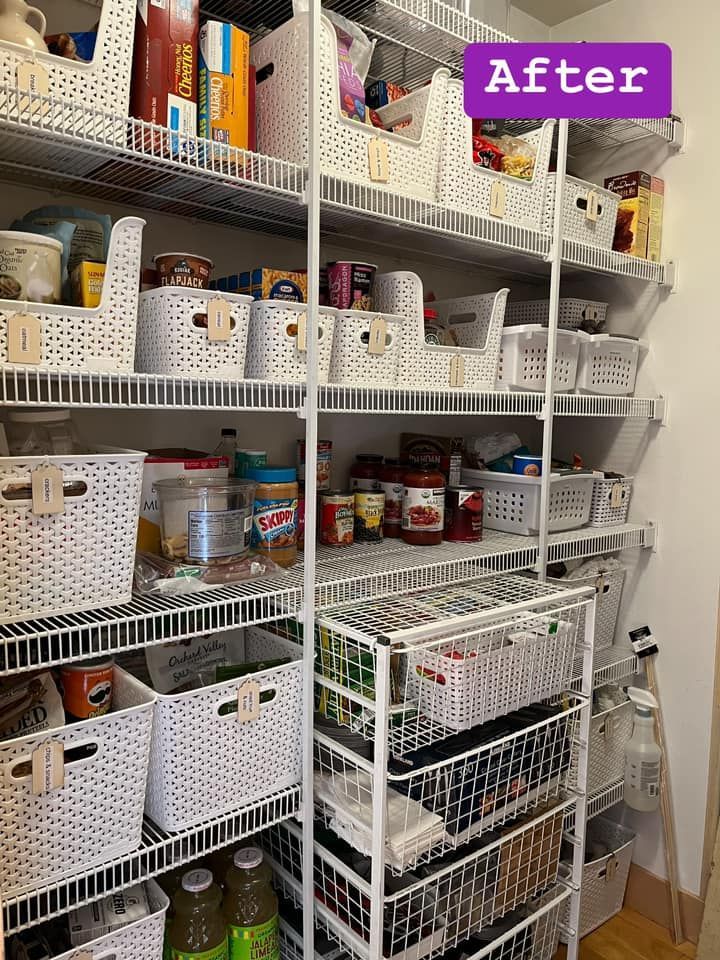 A pantry filled with lots of food and baskets.