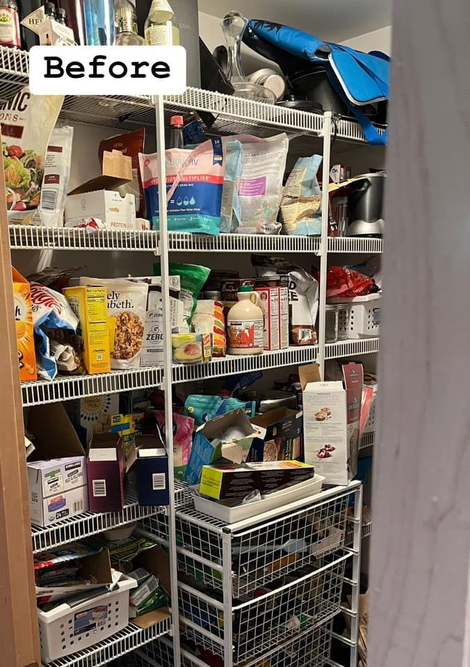 A before picture of a pantry filled with lots of food.