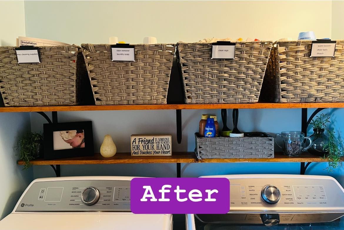 A laundry room with a washer and dryer and a sign that says after