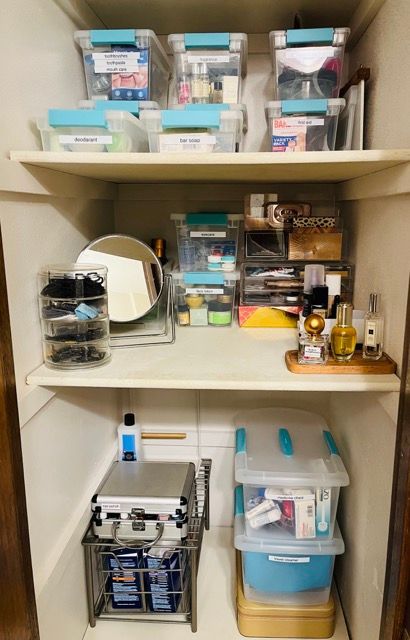 A closet filled with lots of storage containers and a mirror.