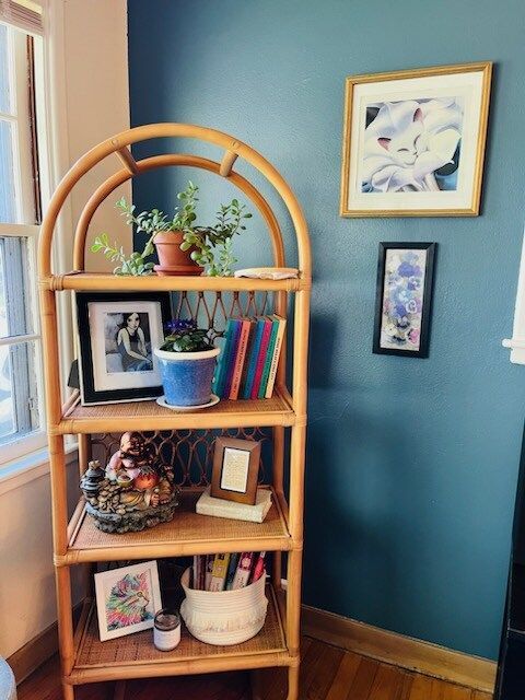 A wicker bookshelf with pictures and potted plants on it