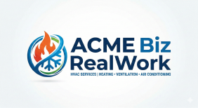 Hexagon logo with mountains, trees, and campfire in orange and blue. Company name is white.