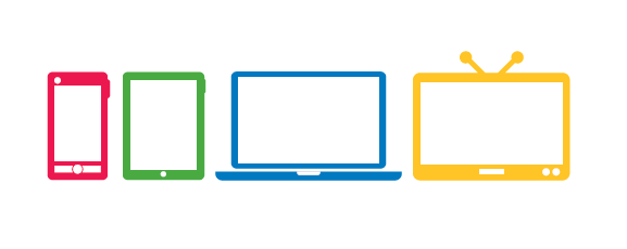 A row of colorful icons including a cell phone , tablet , laptop , and television.