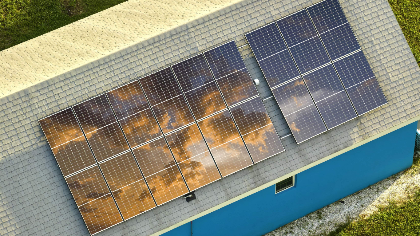 Aerial view of commerical solar panels after professional cleaning