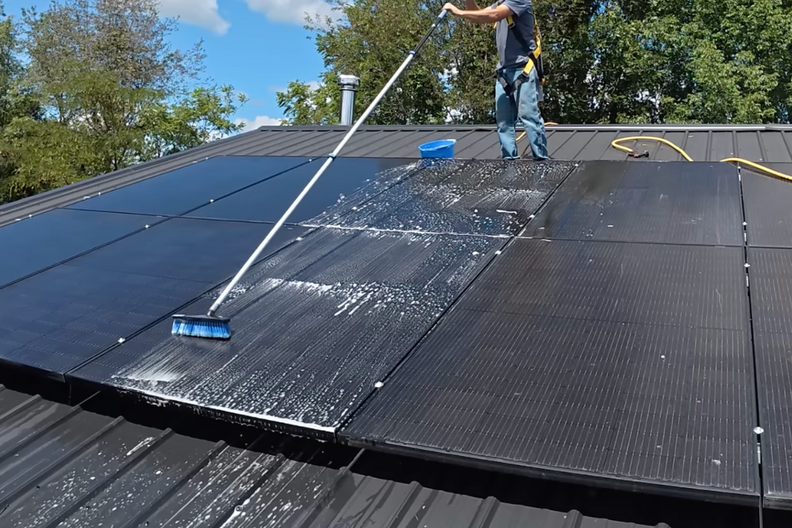 Solar panel cleaning using a soft-bristle brush system