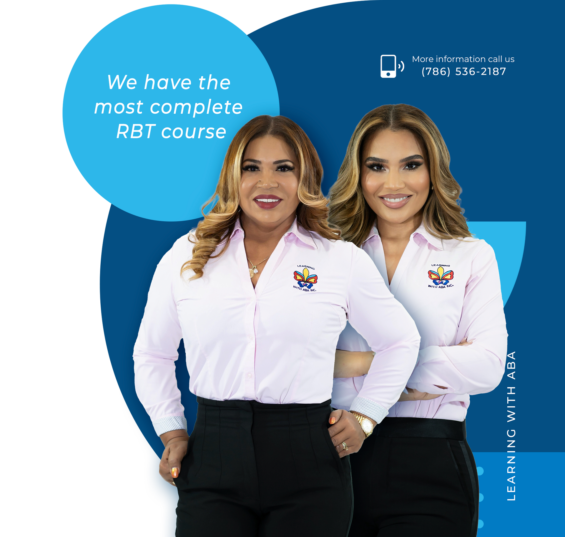 Two women standing next to each other with the words we have the most complete abt course behind them