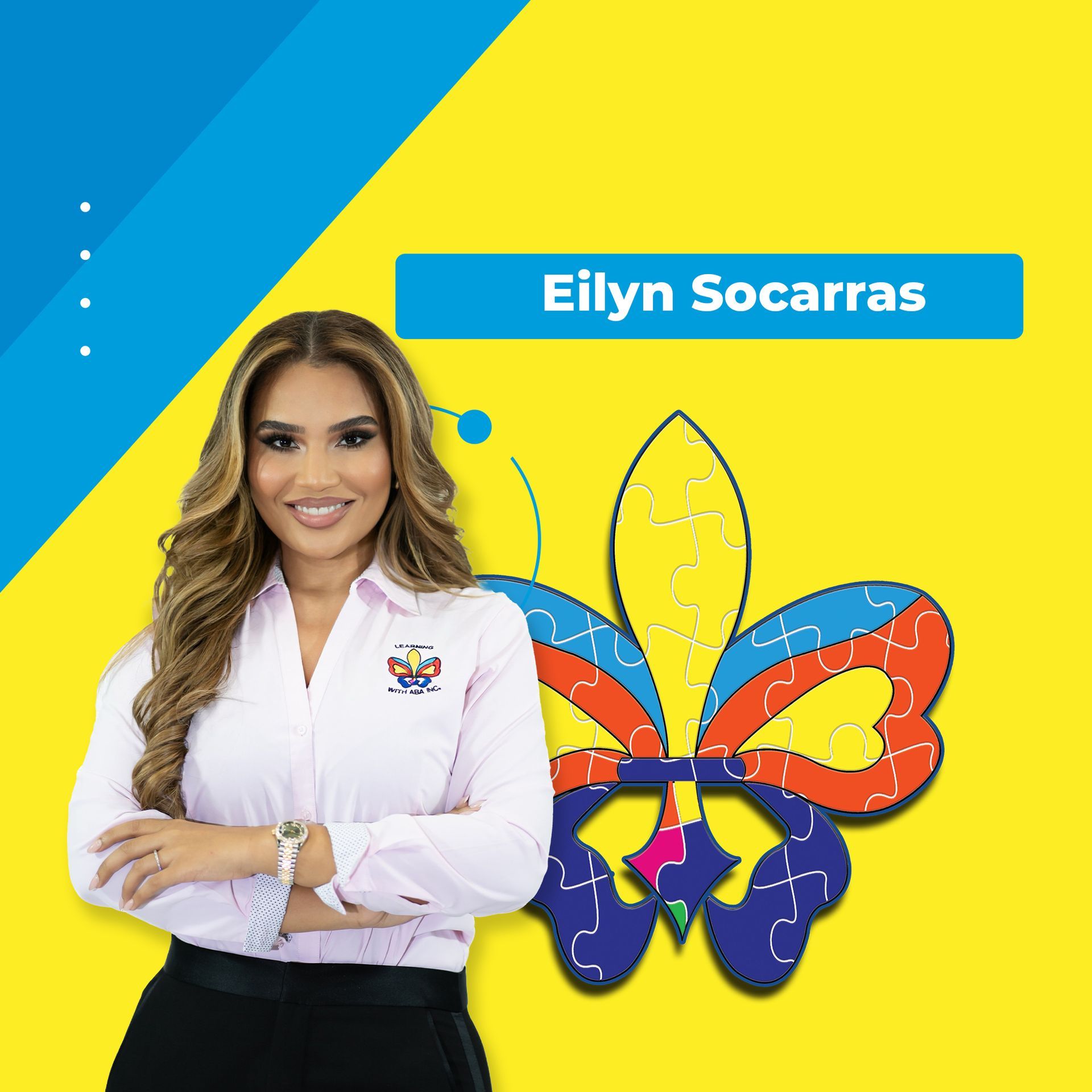 A woman is standing in front of a butterfly on a yellow and blue background.