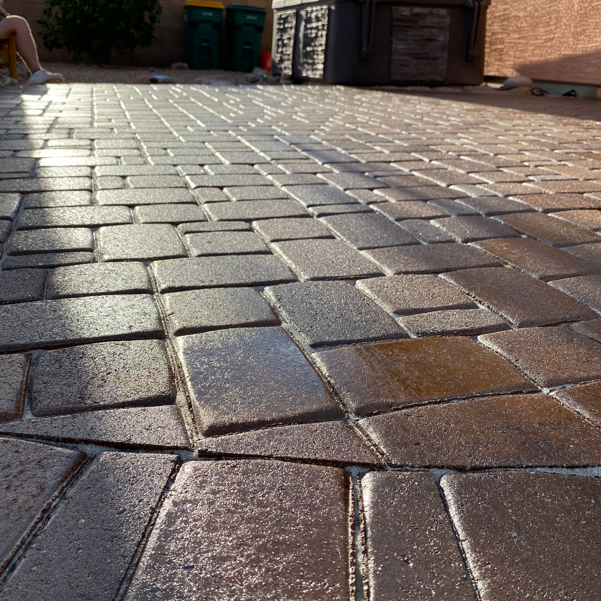 Brick driveway, newly sealed, glistening in sunlight. Brown bricks arranged in a pattern.