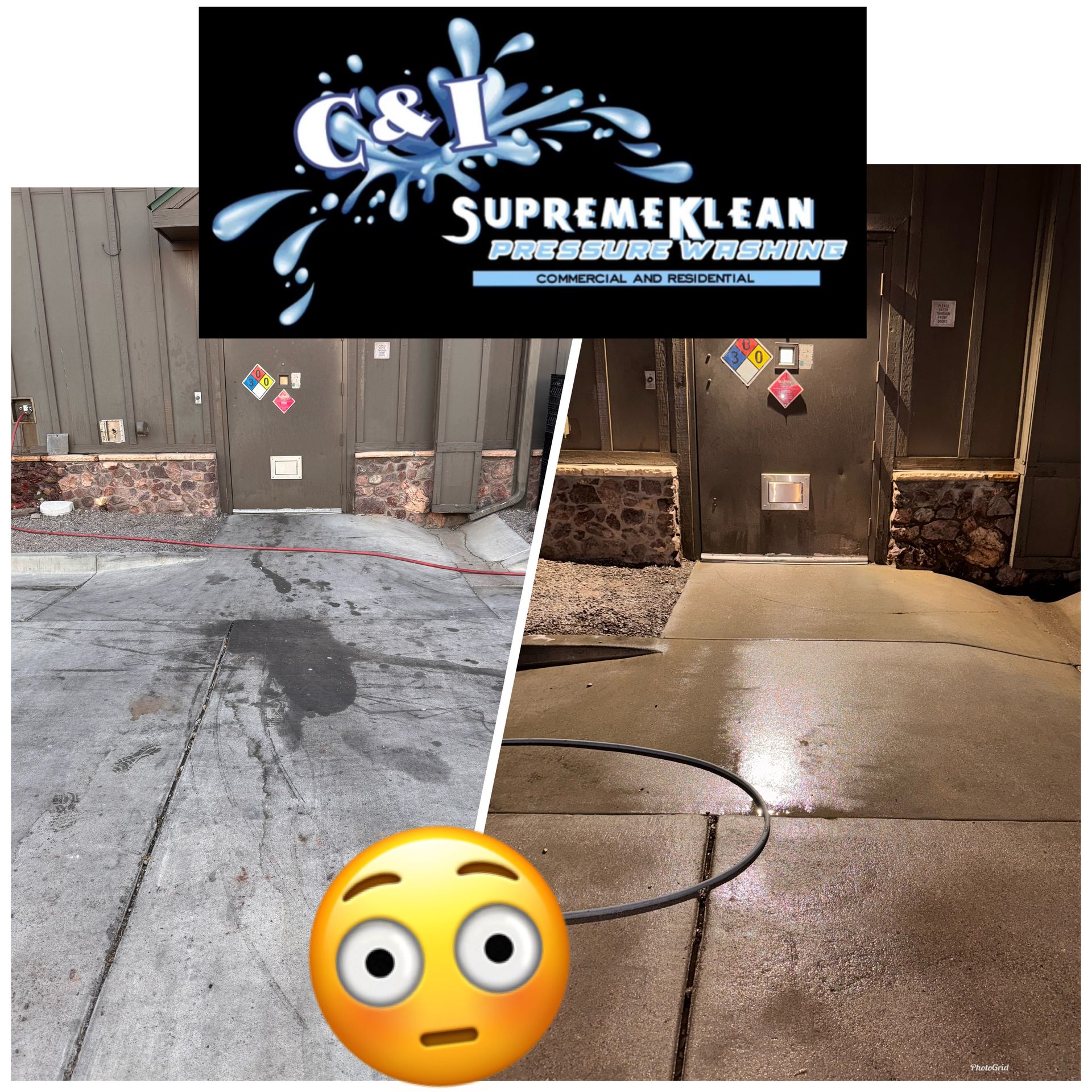 Before-and-after of a concrete surface cleaned by Supreme Klean. The 