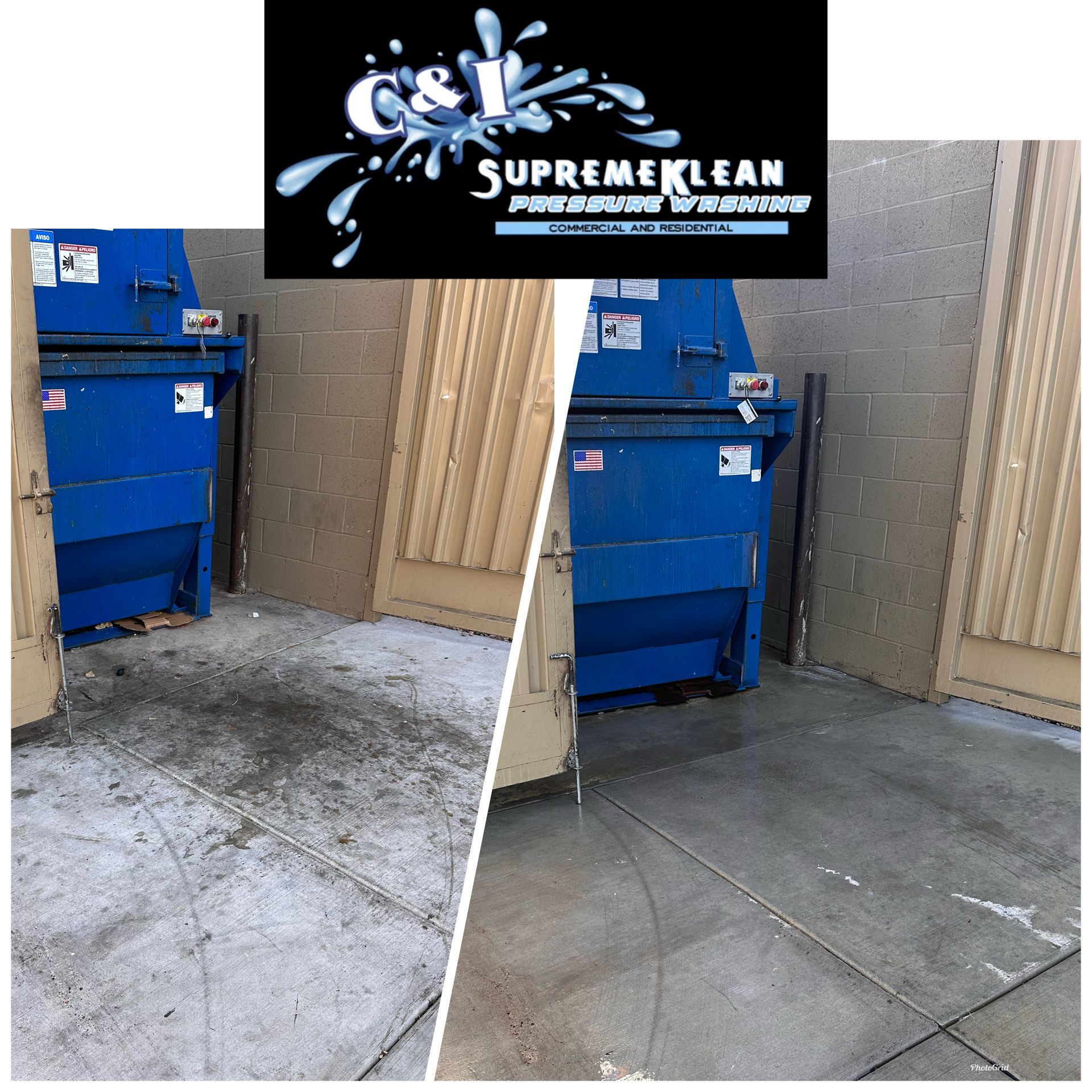 Before and after comparison of concrete cleaned by Supreme Klean. The before side has oil stains. The after side is clean.