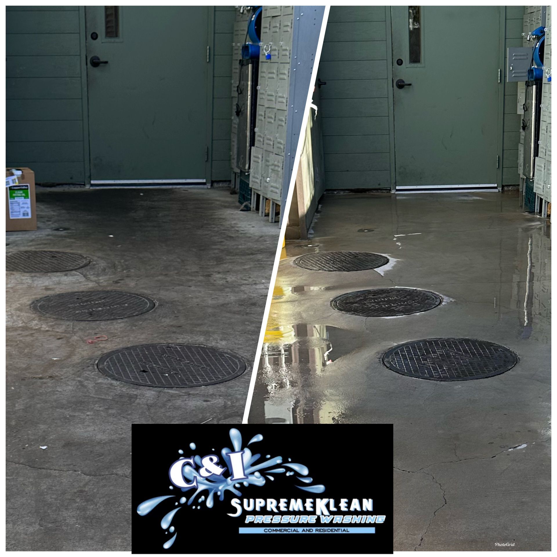 Before-and-after of a concrete surface. The 