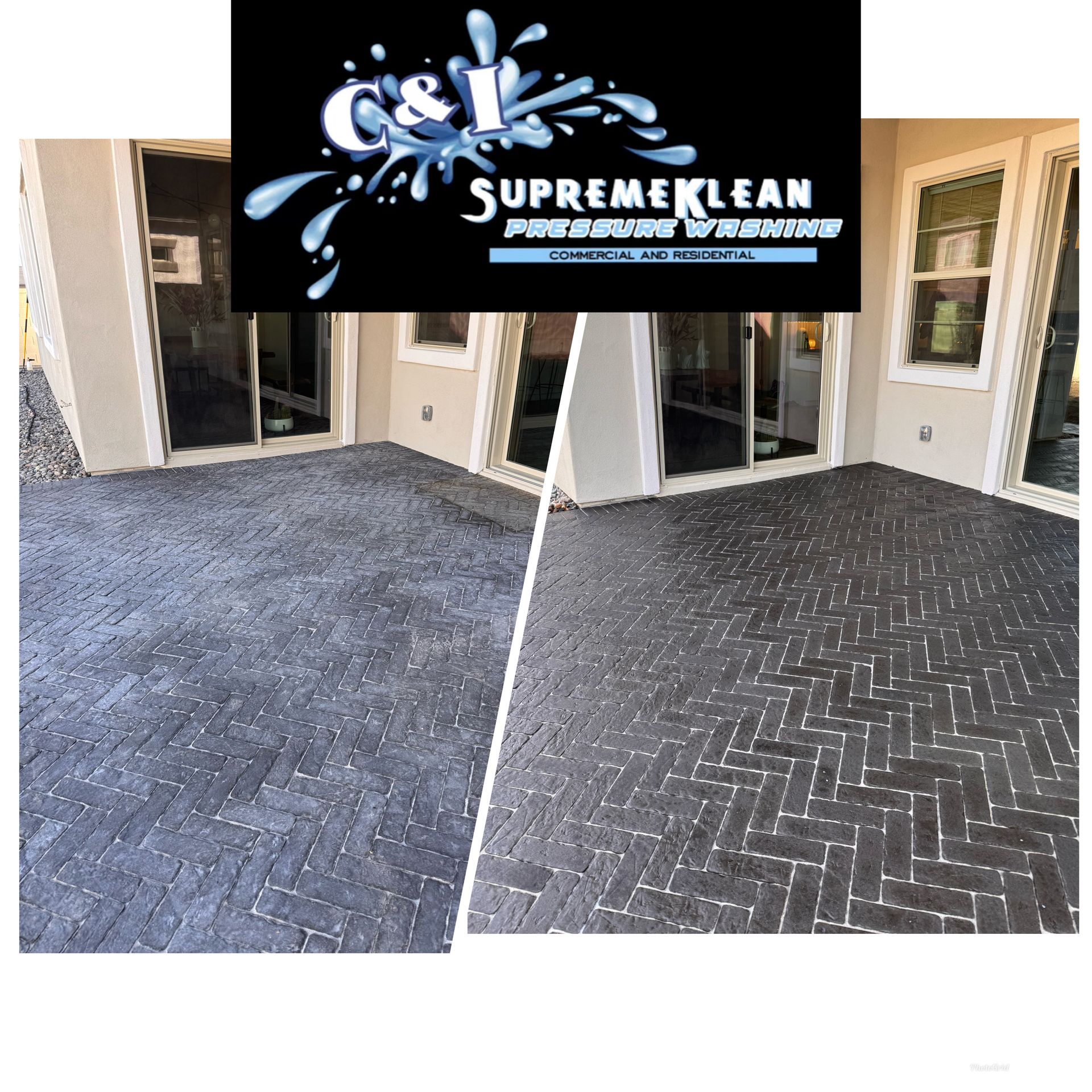 Before-and-after of a brick patio cleaned by 