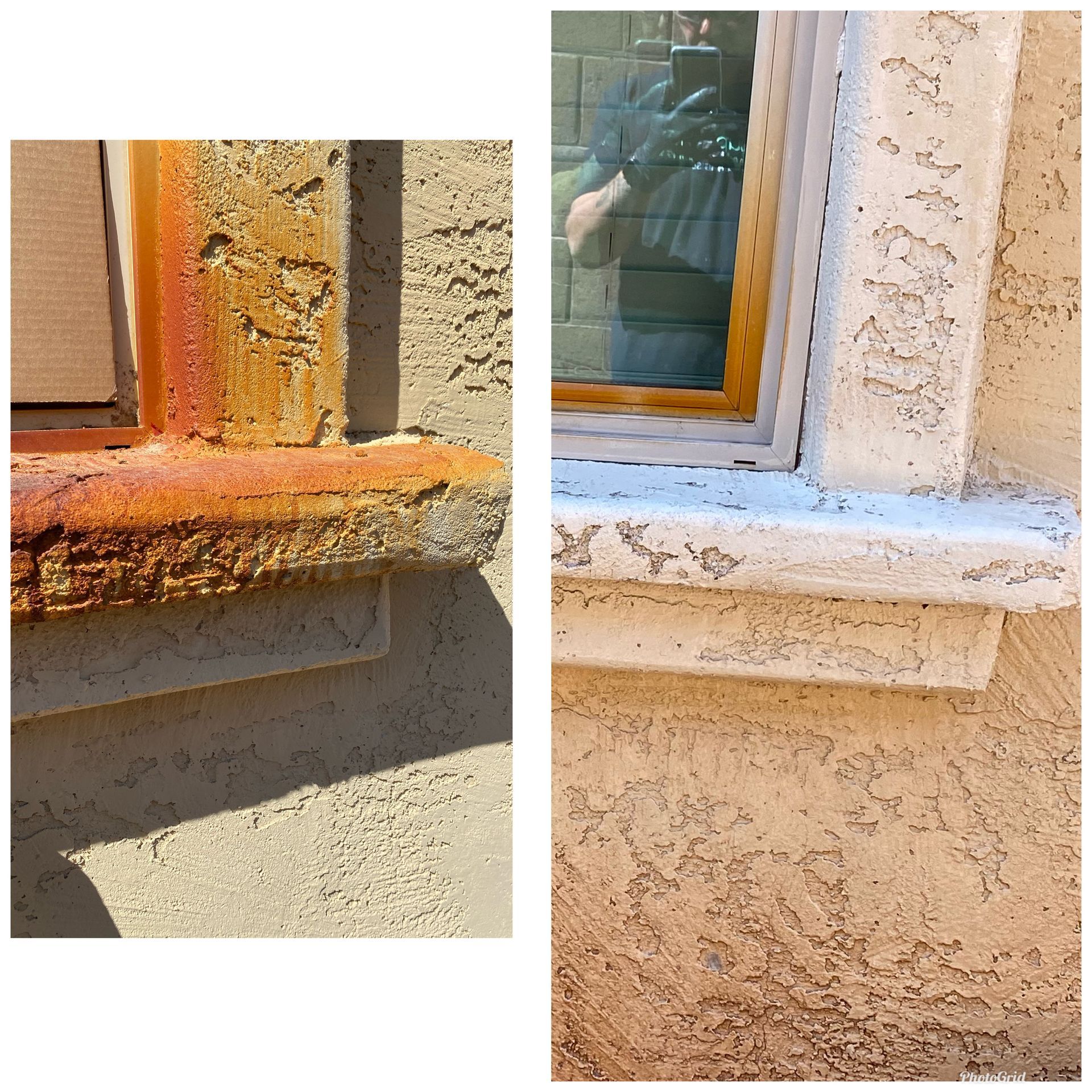 Comparison of a window with rust-colored stain and a clean window, both on stucco exterior.