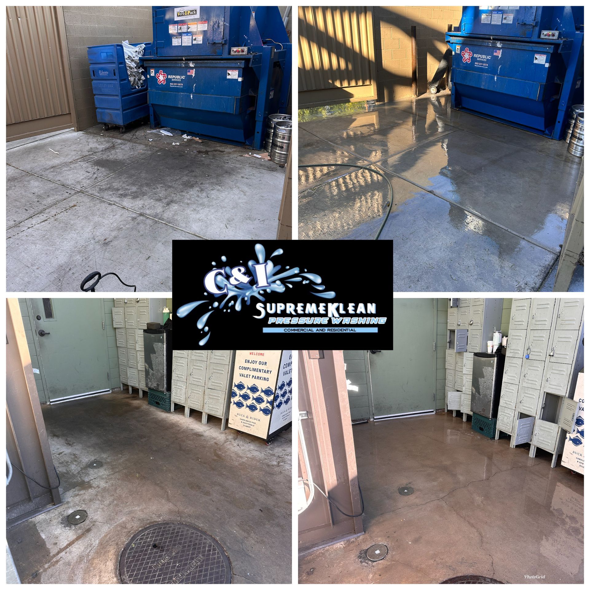 Four-panel before-and-after of concrete cleaning. Blue dumpsters, dirty and clean concrete with the Supreme Klean logo.
