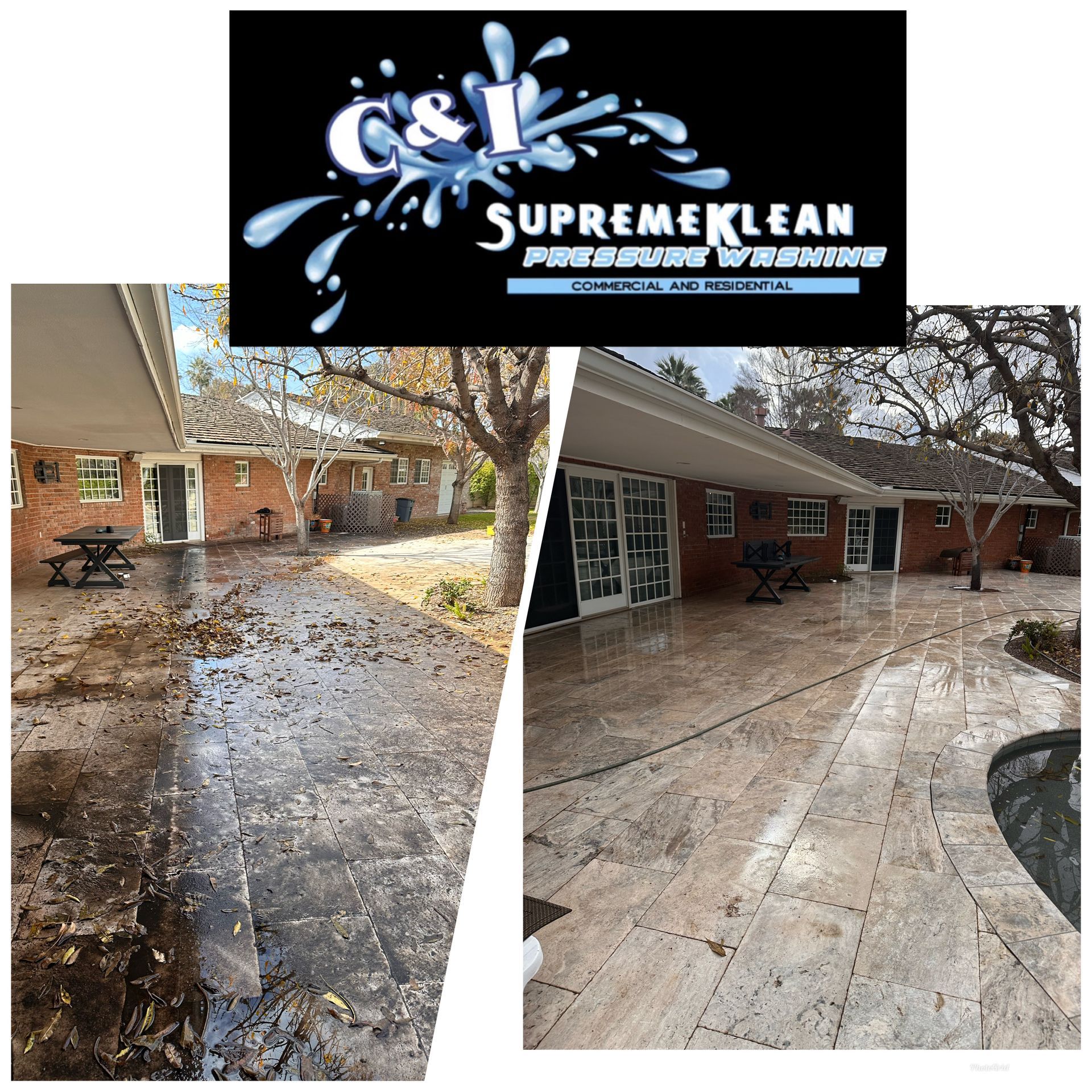 Before and after photo of a patio cleaning. Dirty left side vs clean right side. The logo is at the top.