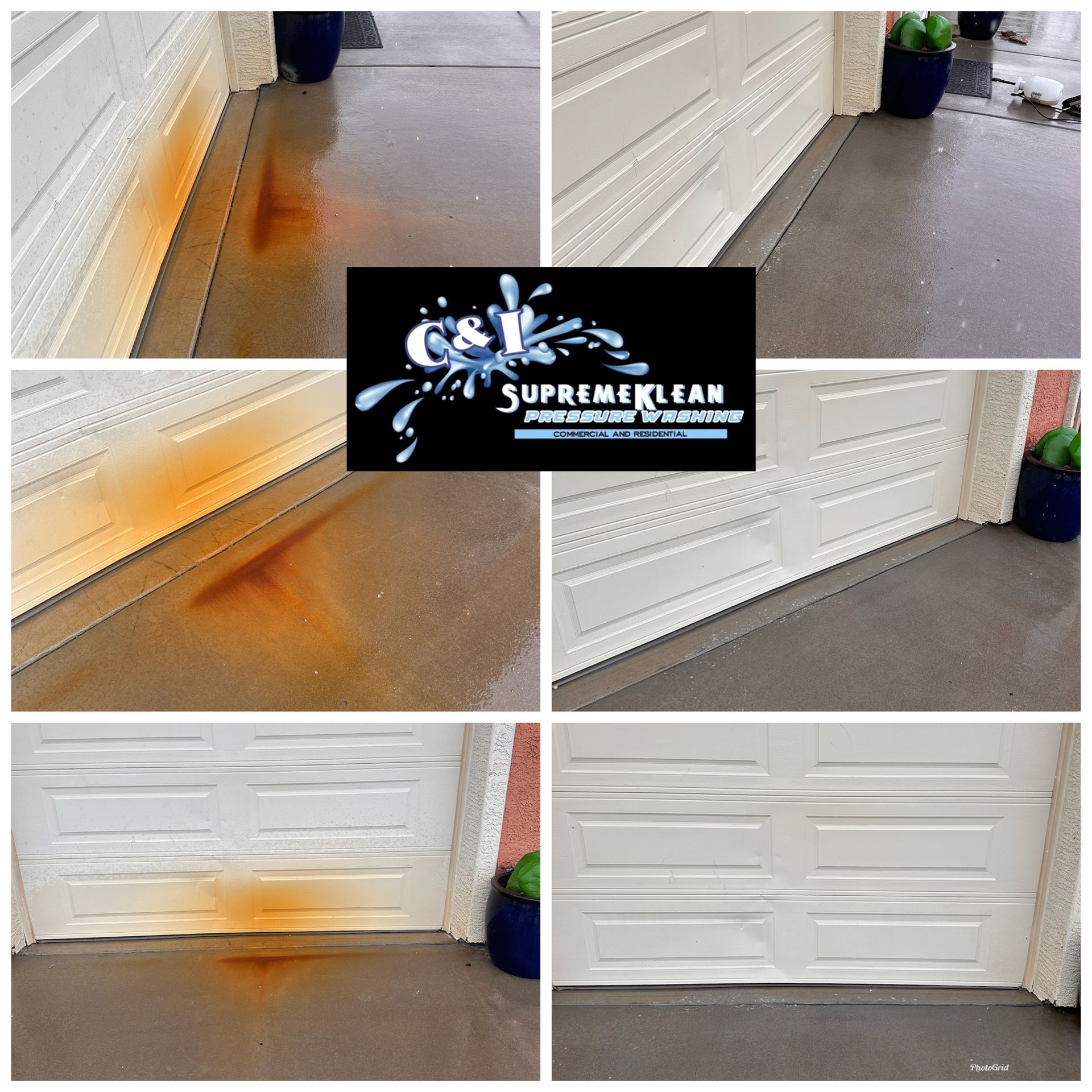 A before-and-after photo of a garage door and concrete floor cleaning. Orange rust stains are removed to reveal a clean surface.