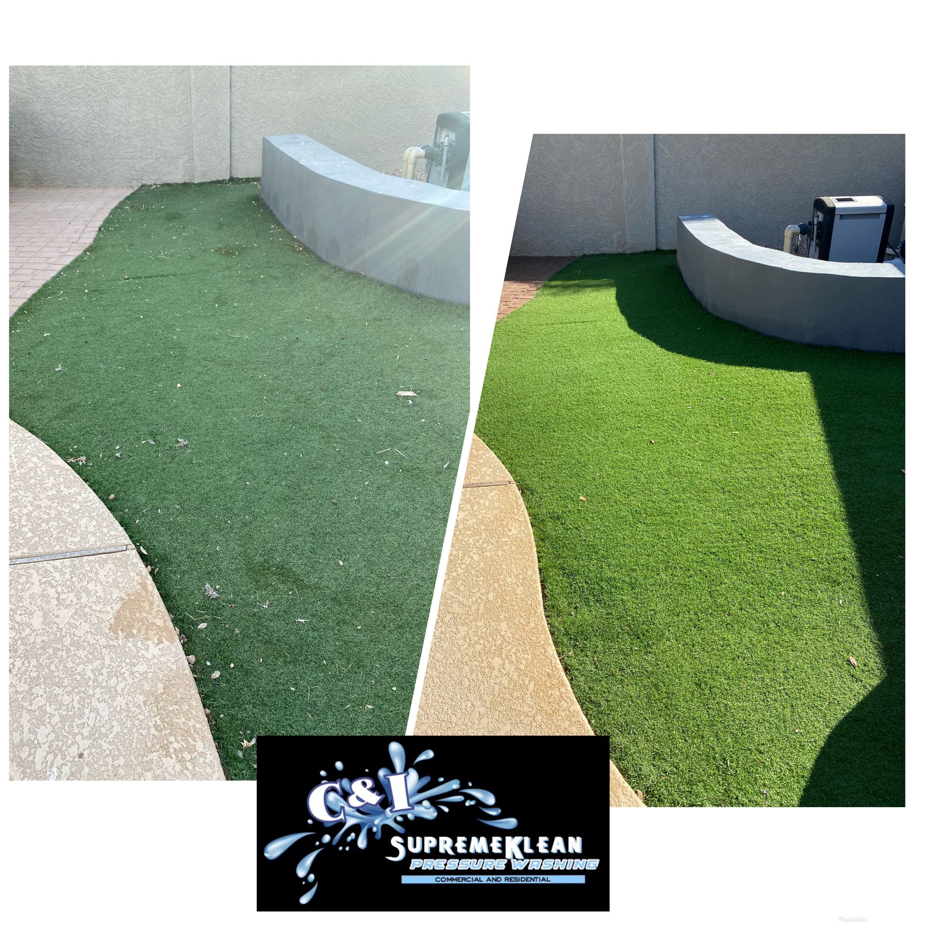 Before and after photos of artificial turf cleaned by Supreme Clean; shows bright green grass.