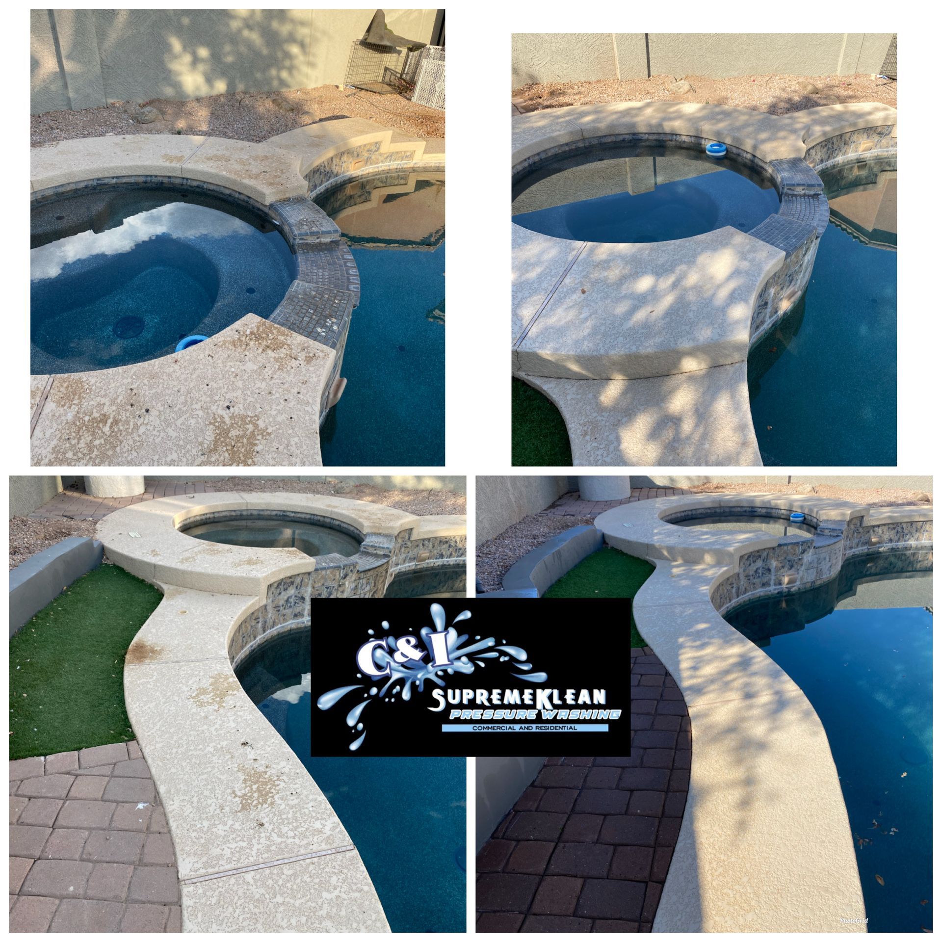 Four views of a pool with a hot tub, before and after cleaning. The deck has been cleaned, with vibrant blue water.