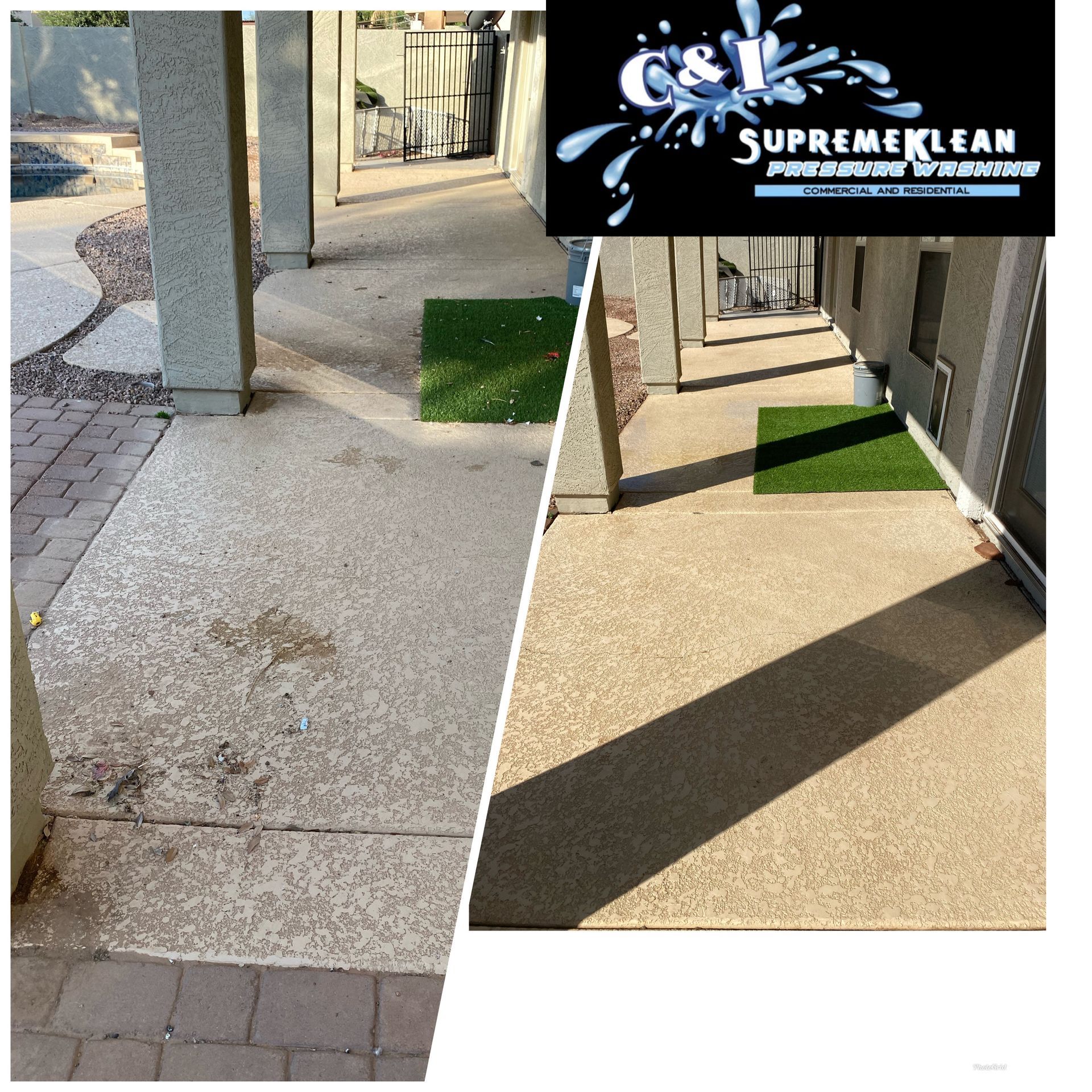Before and after photo of a patio cleaning. Left side: dirty patio. Right side: clean patio.