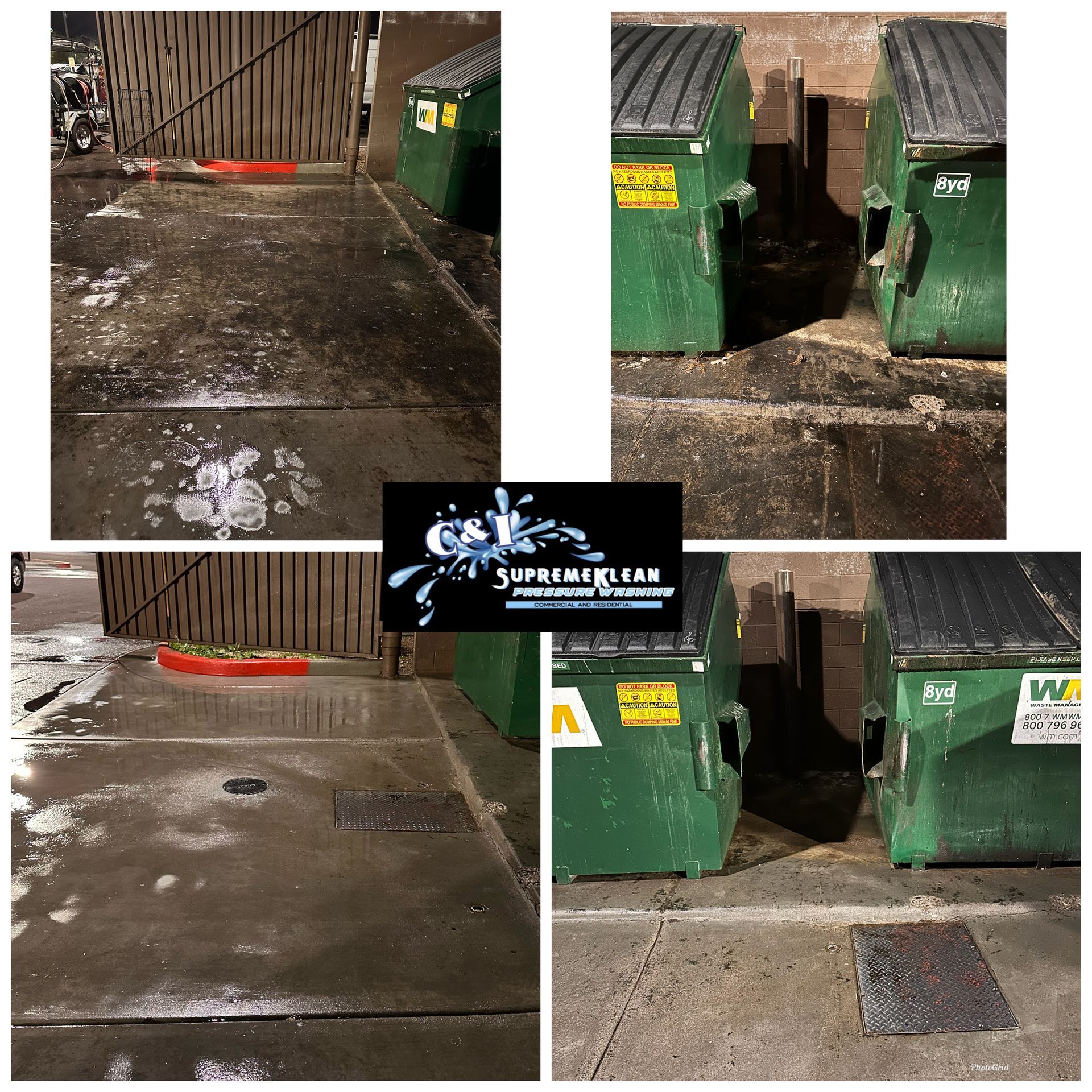 Four photos show a green dumpster area, before and after cleaning, with Supreme Clean logo.