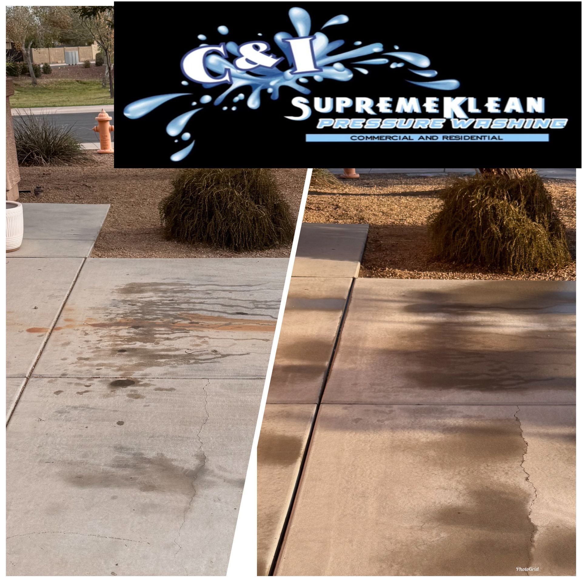 Before and after pressure washing of a concrete walkway with a company logo in the background.