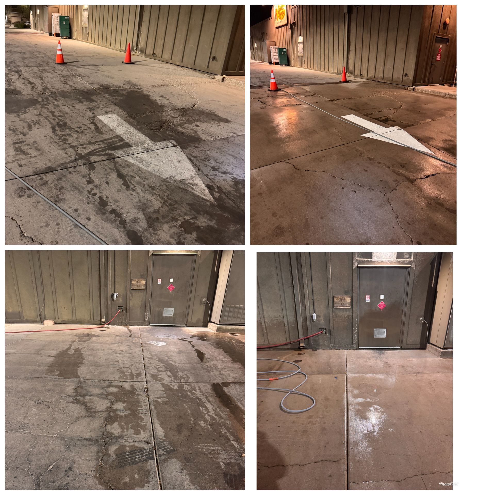 Four photos of a concrete alley. Two show arrows pointing direction, wet spots. Other two show doors and white powder.