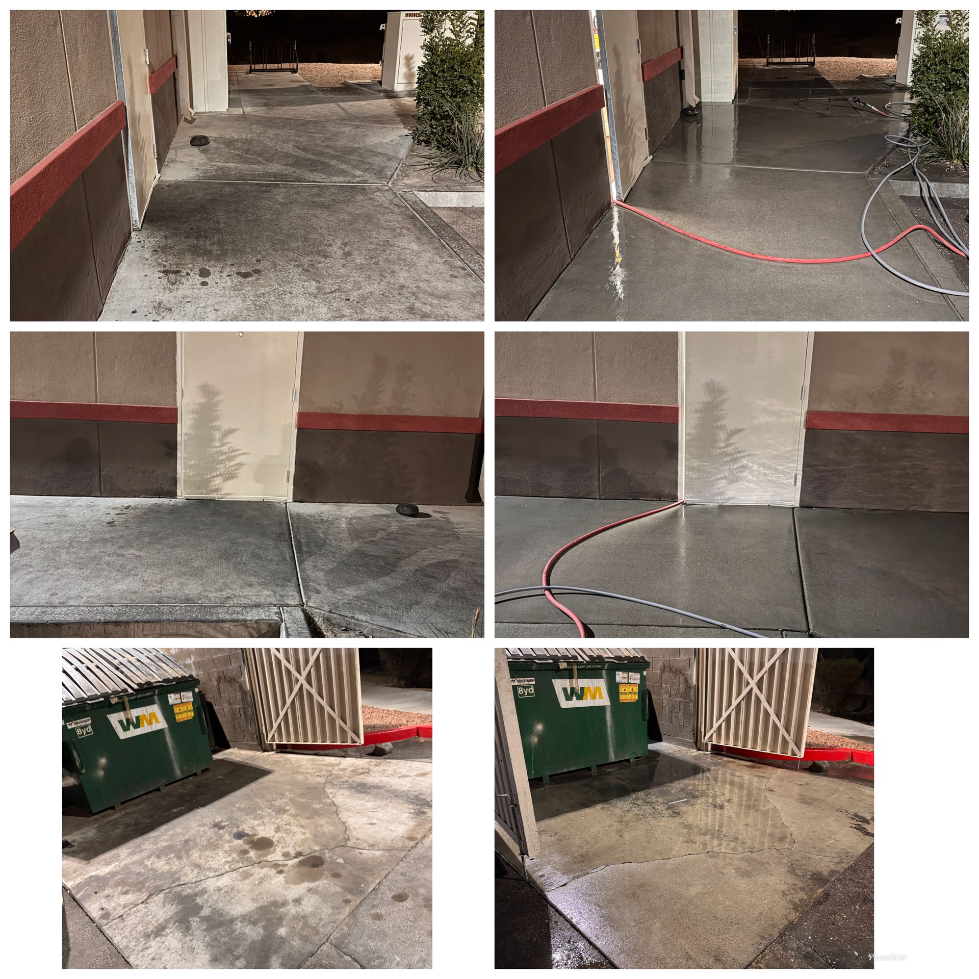 Six photos show concrete surfaces before and after cleaning, including a dumpster area.