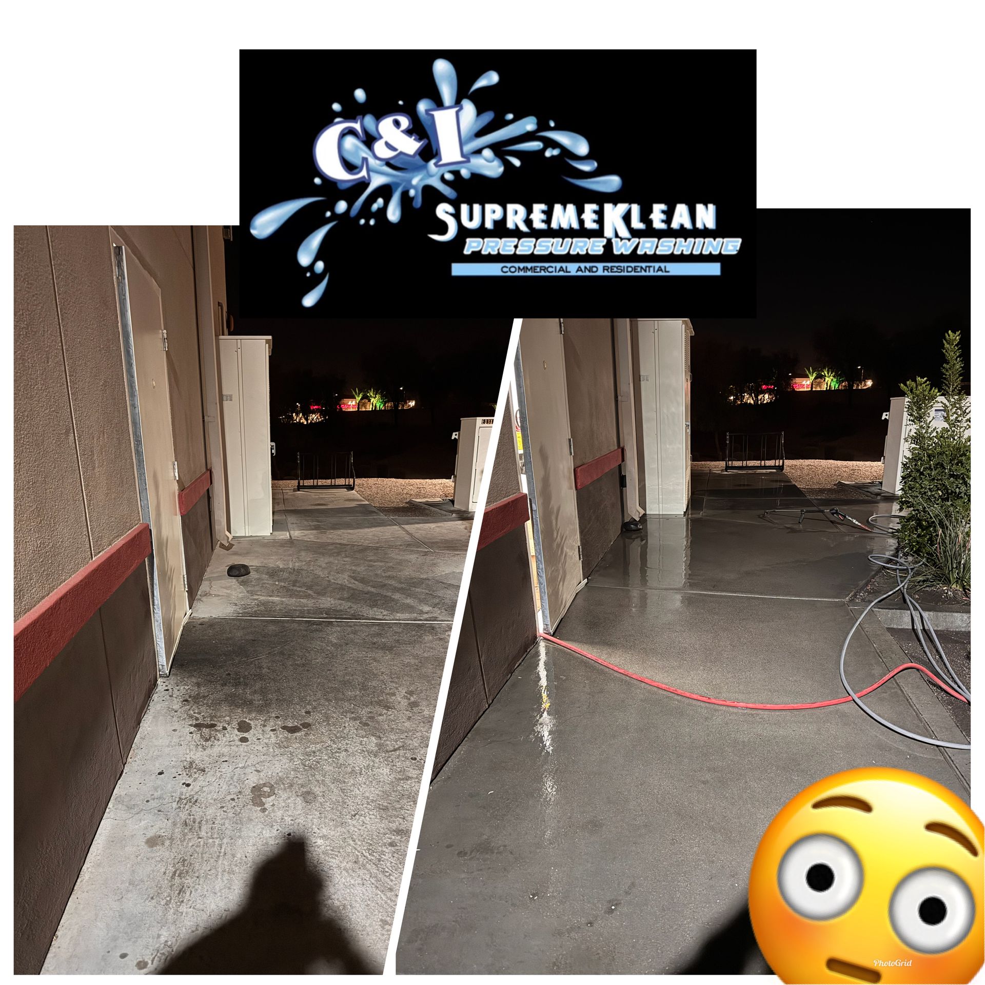 Before and after of a building's concrete surface being power washed by Supreme Klean. The before shows a dirty surface. The after shows a clean surface.
