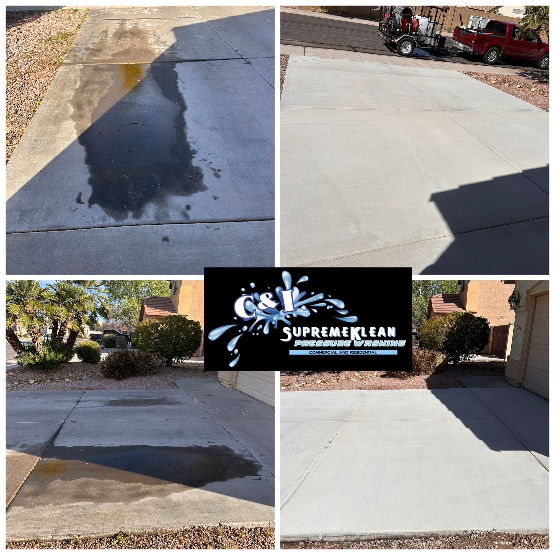 Driveway cleaning comparison. Before and after photos of concrete. Black water stain removed, now clean.