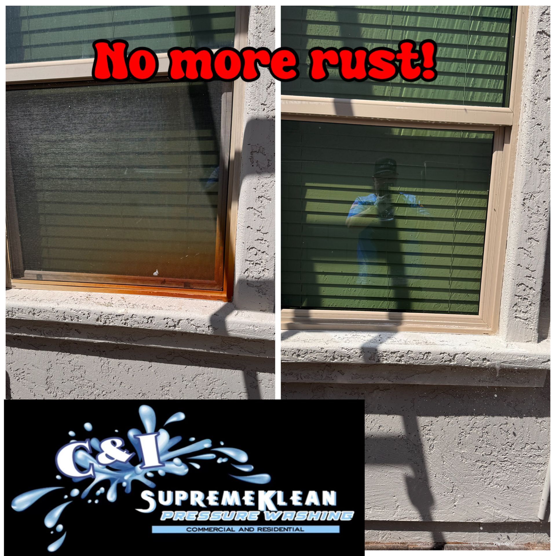 Before and after showing a window frame with rust removed by Supreme Klean pressure washing.