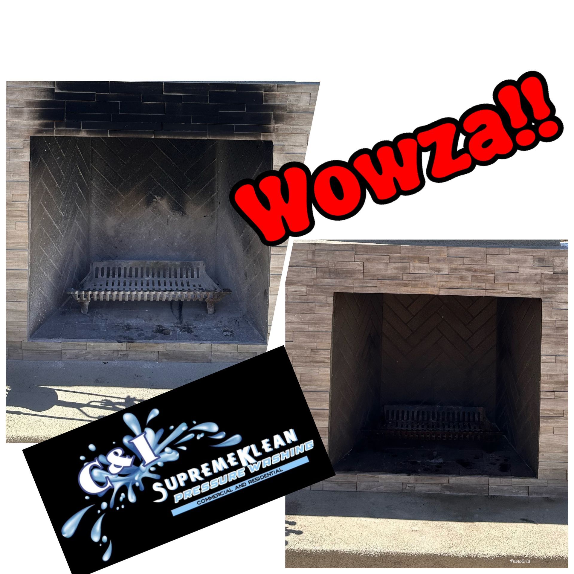 Before and after fireplace cleaning. One photo is dirty, one is clean. Text reads 