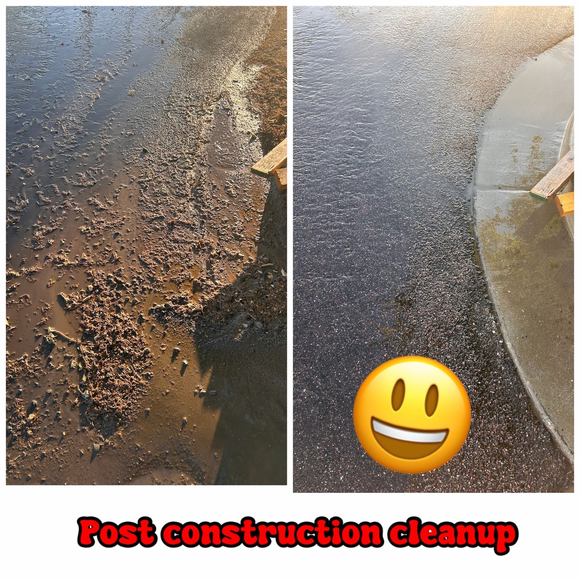 Before-and-after of construction debris on asphalt pavement. Cleanup is complete with happy emoji.