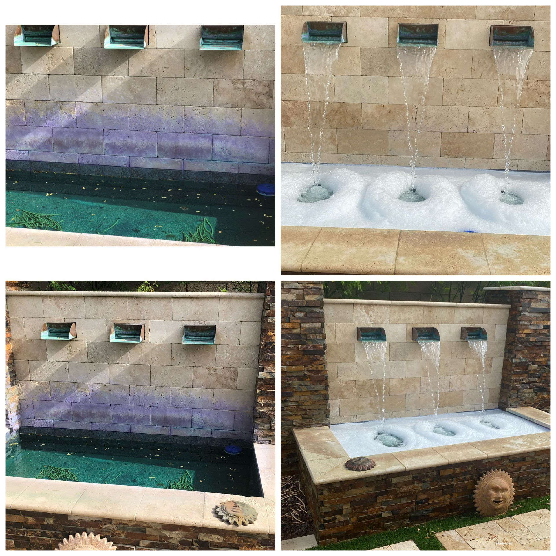 Four images: stone wall water fountain with copper spouts, water flowing into a basin.