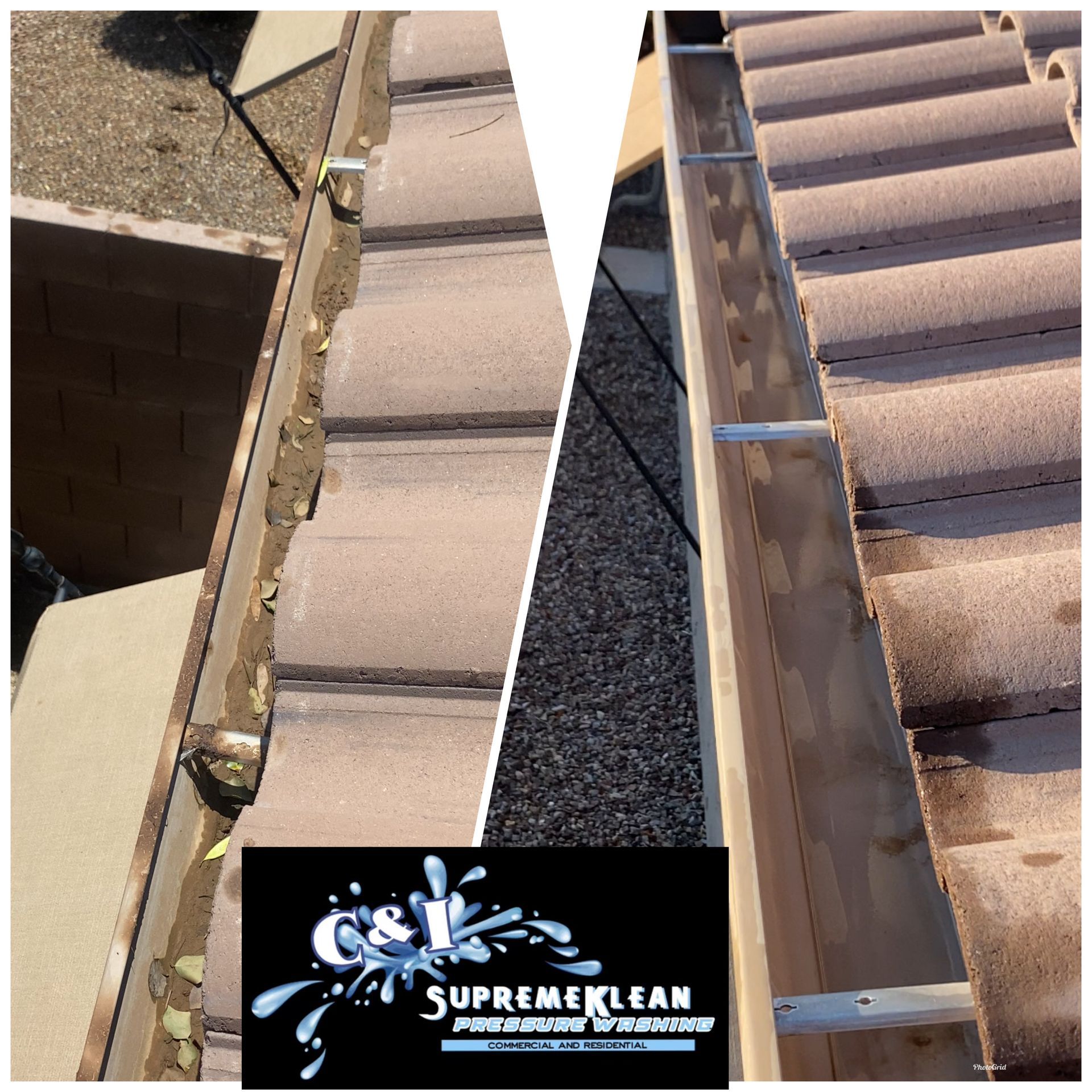 Before/after view of a gutter cleaning. Dirty debris is removed from the tiles. Clean gutters are shown on the right.