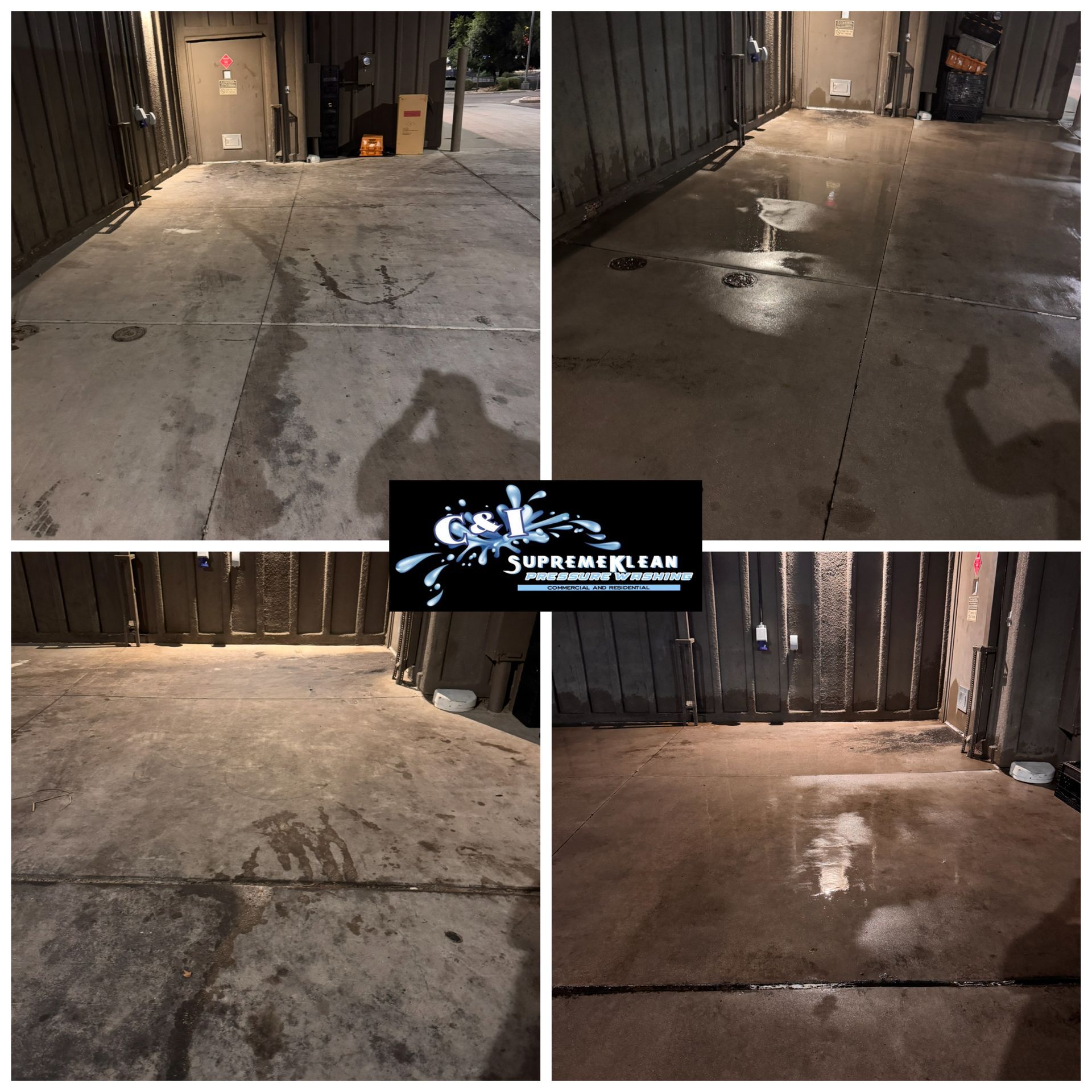 Four-panel collage shows concrete floors being cleaned. The floors are wet, and a logo for Supreme Clean is in the center.