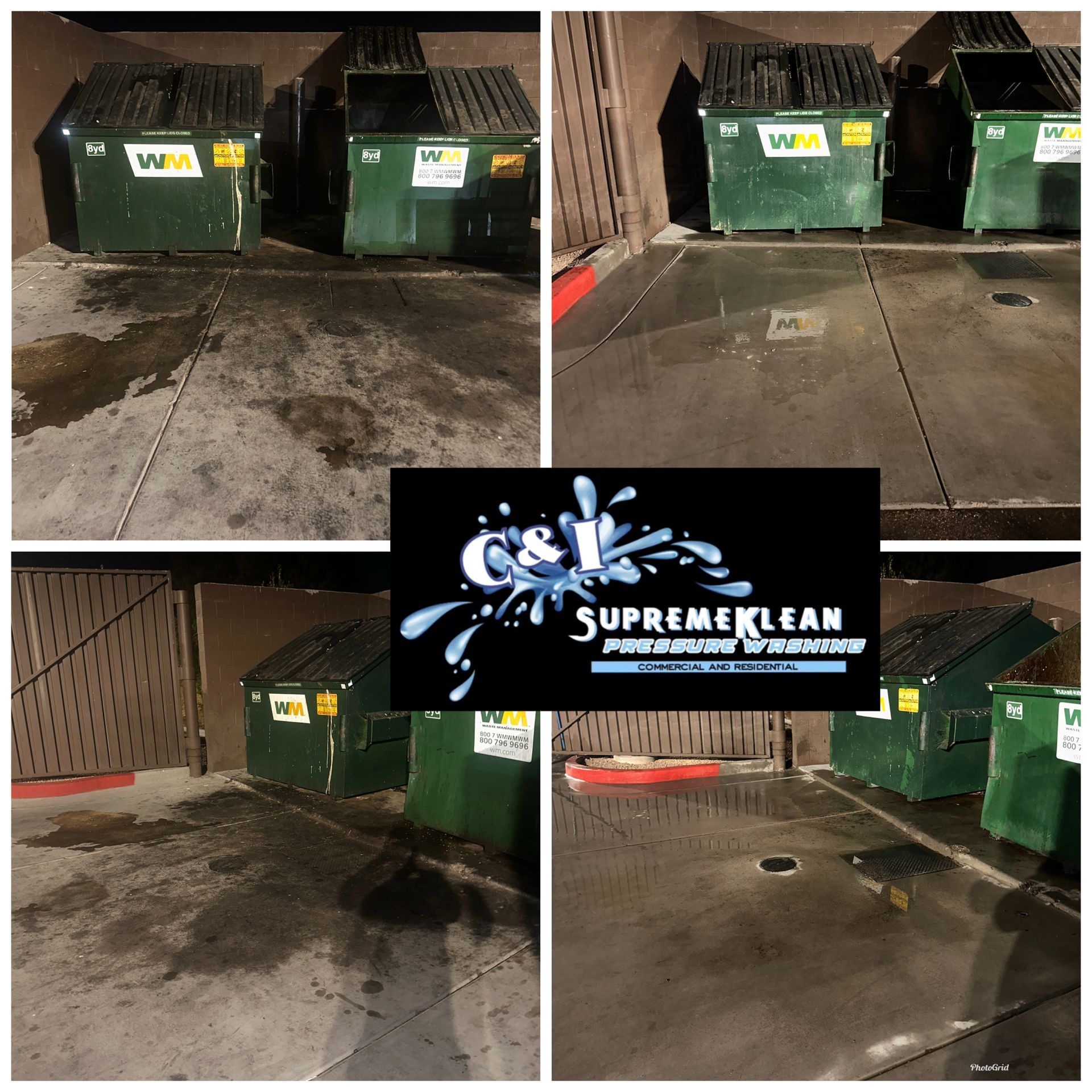 Four photos show a green dumpster area before and after cleaning, with the Supreme Klean logo in the center.