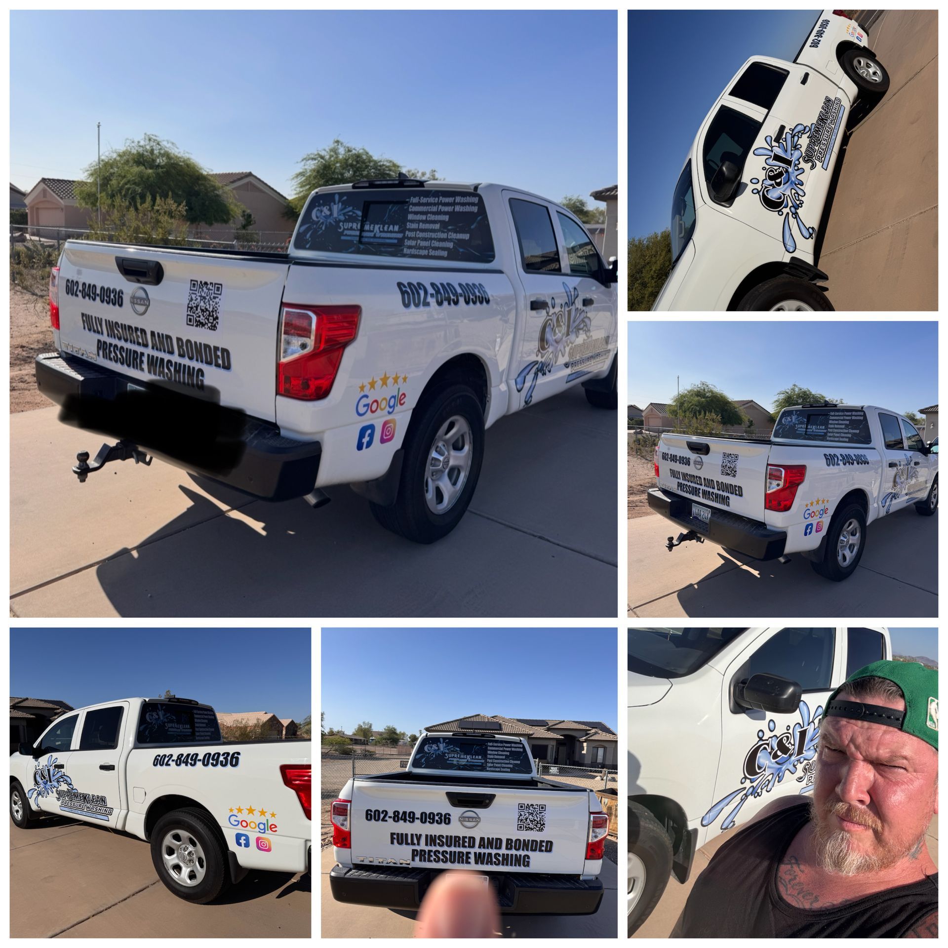 White truck with business logo, phone number, and a man in a green hat. Truck is parked outside.