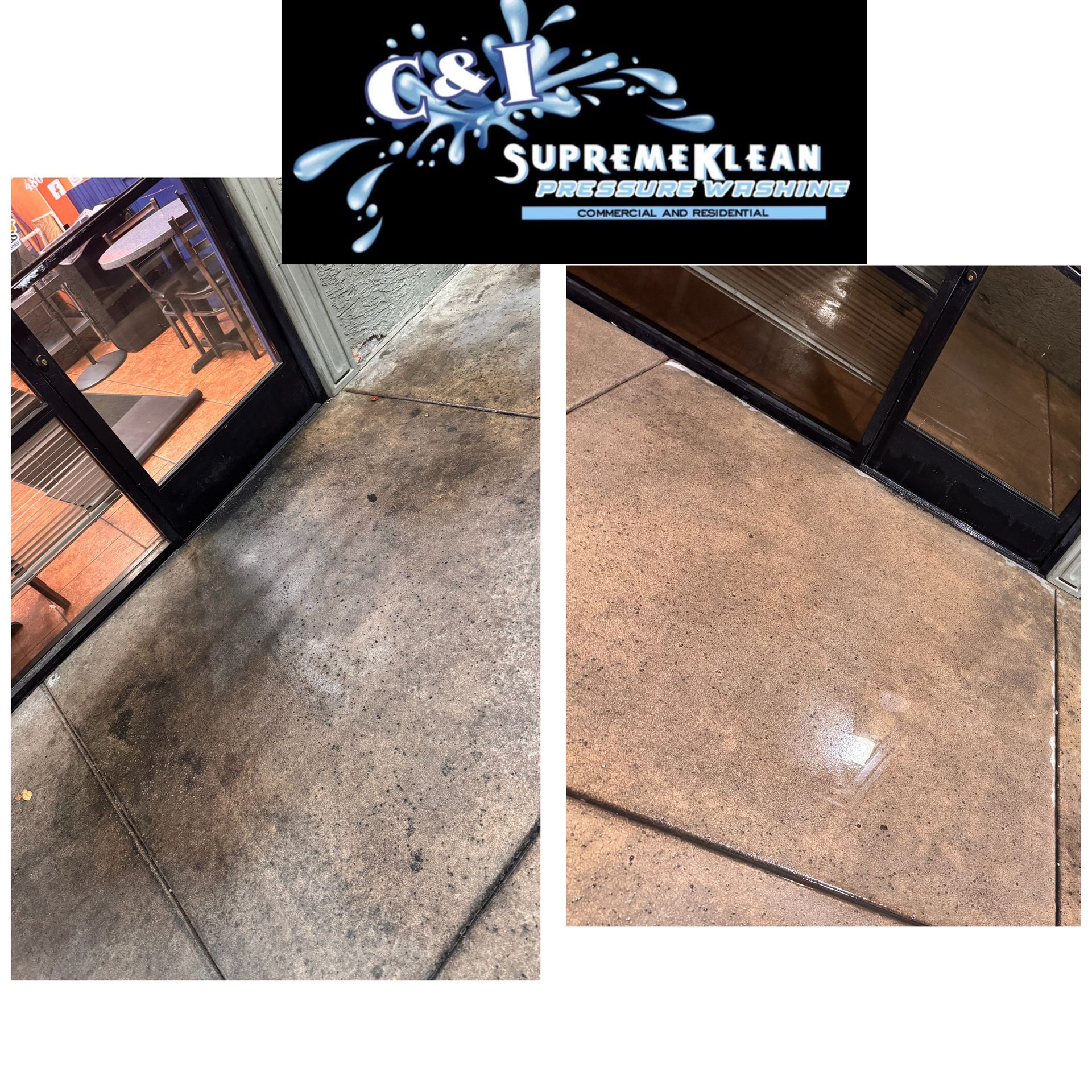 Before and after of a sidewalk cleaning. Dark stain before, clean after. Business logo in the top center.