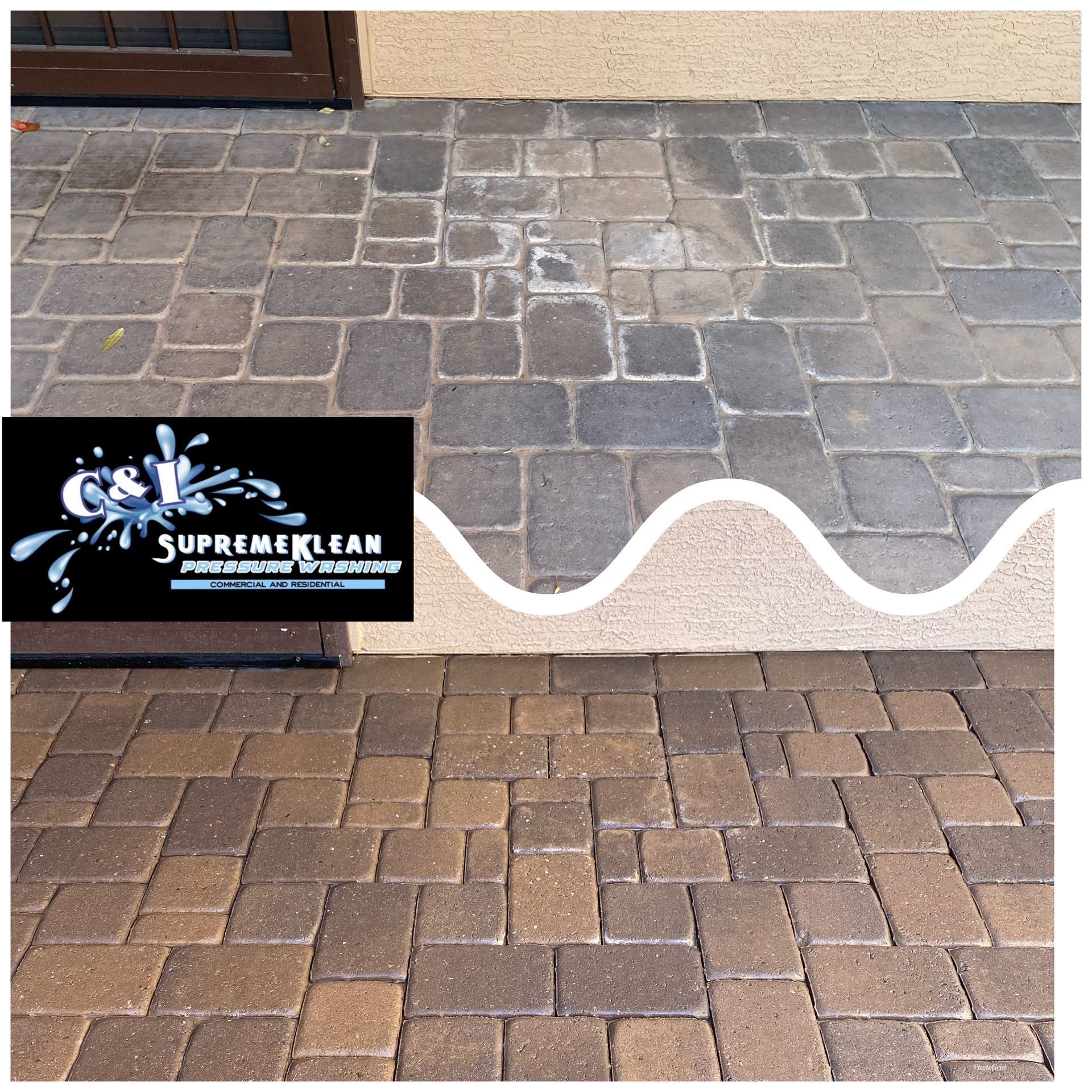 Before and after of a brick patio cleaning, showcasing brighter colors after being cleaned.
