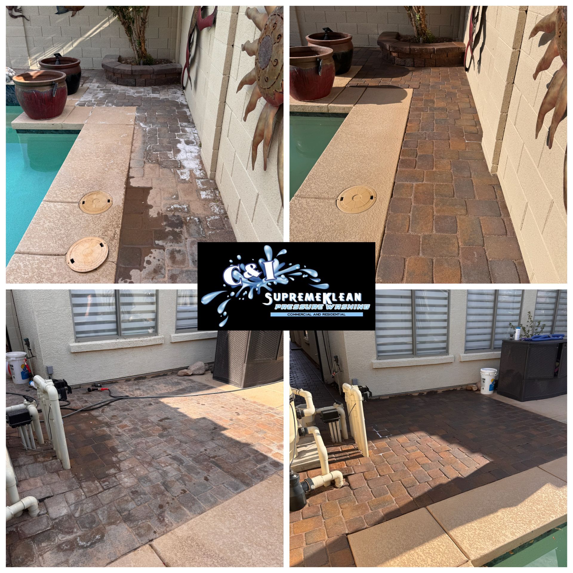 Before and after shots of a patio and pool area cleaning service. Brick and concrete surfaces, showing the improved cleanliness.