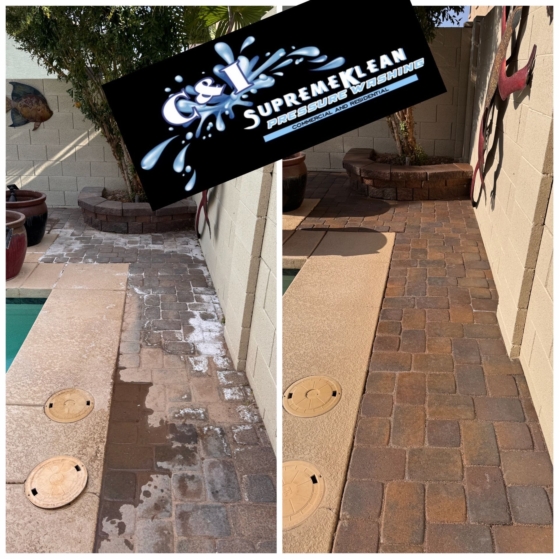 Before-and-after of brick patio and pool coping cleaned with power washing.