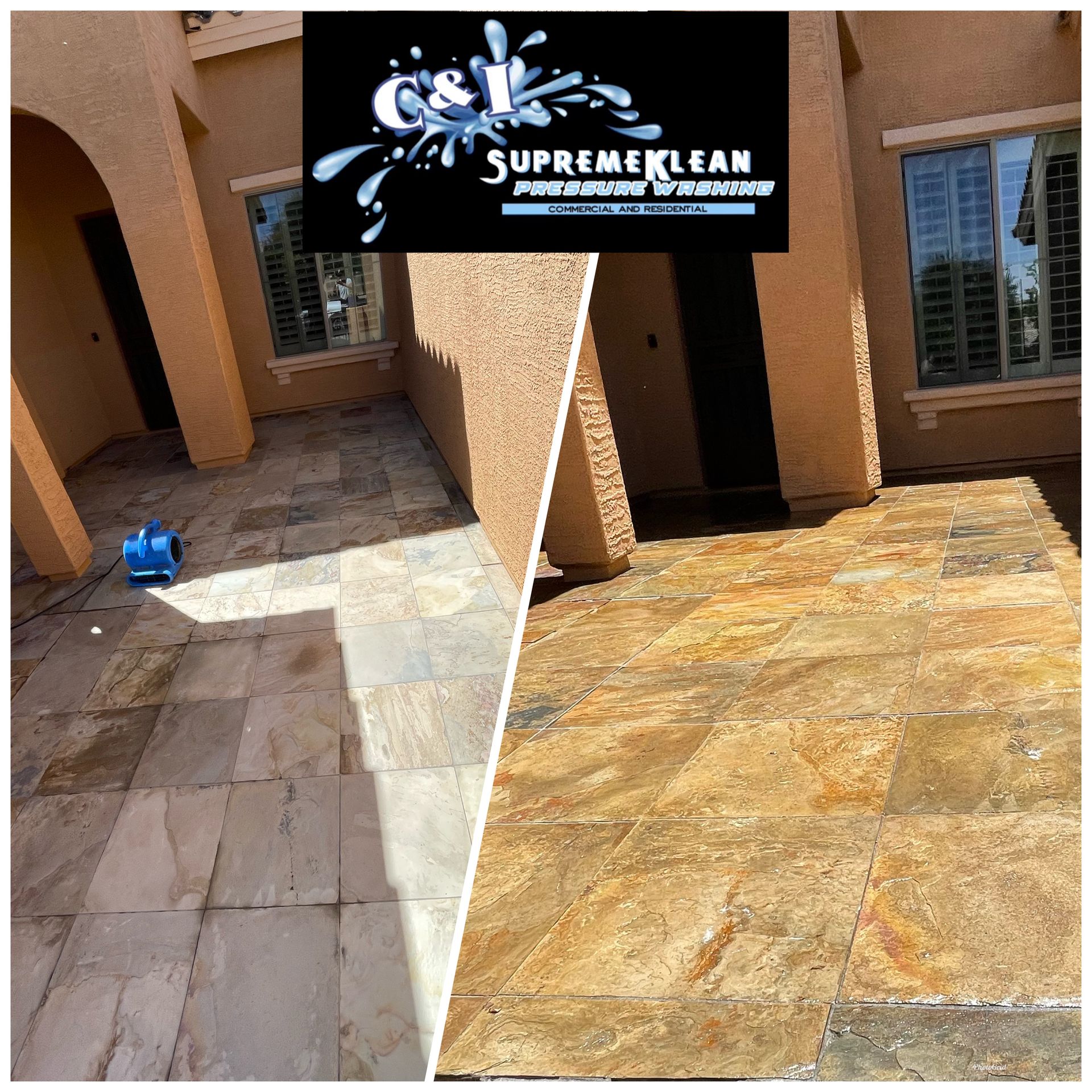 Before and after of a patio cleaning. Left shows a dirty patio, right shows a cleaned, vibrant stone patio.